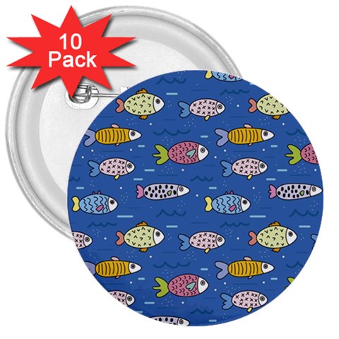 Sea Fish Blue Submarine Animals Patteen 3  Buttons (10 pack)  from ArtsNow.com Front