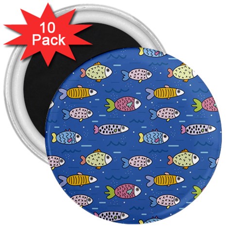 Sea Fish Blue Submarine Animals Patteen 3  Magnets (10 pack)  from ArtsNow.com Front