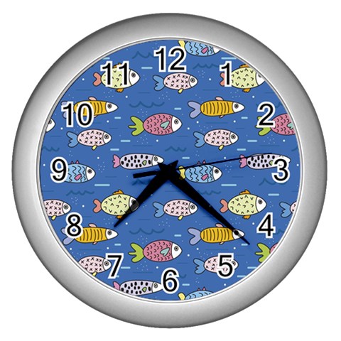 Sea Fish Blue Submarine Animals Patteen Wall Clock (Silver) from ArtsNow.com Front