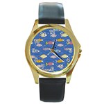 Sea Fish Blue Submarine Animals Patteen Round Gold Metal Watch