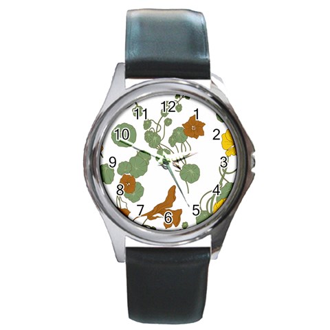 Nasturtium Flowers Plant Leaves Round Metal Watch from ArtsNow.com Front