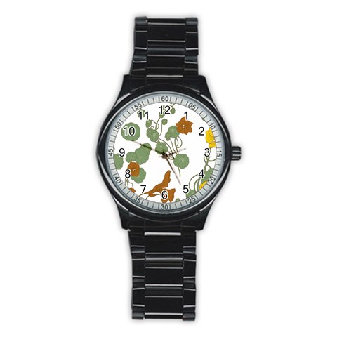 Nasturtium Flowers Plant Leaves Stainless Steel Round Watch from ArtsNow.com Front