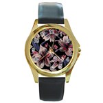 Flowers Floral Pattern Design Round Gold Metal Watch