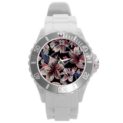 Flowers Floral Pattern Design Round Plastic Sport Watch (L) from ArtsNow.com Front