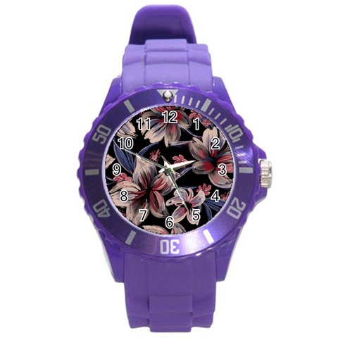 Flowers Floral Pattern Design Round Plastic Sport Watch (L) from ArtsNow.com Front