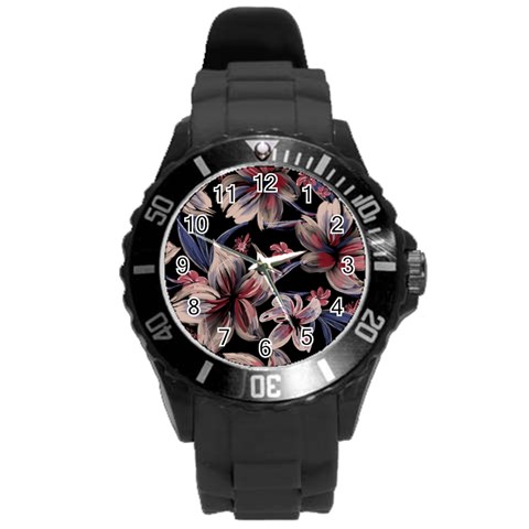 Flowers Floral Pattern Design Round Plastic Sport Watch (L) from ArtsNow.com Front