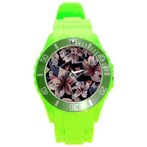 Flowers Floral Pattern Design Round Plastic Sport Watch (L) from ArtsNow.com Front