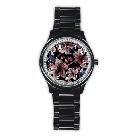 Flowers Floral Pattern Design Stainless Steel Round Watch from ArtsNow.com Front