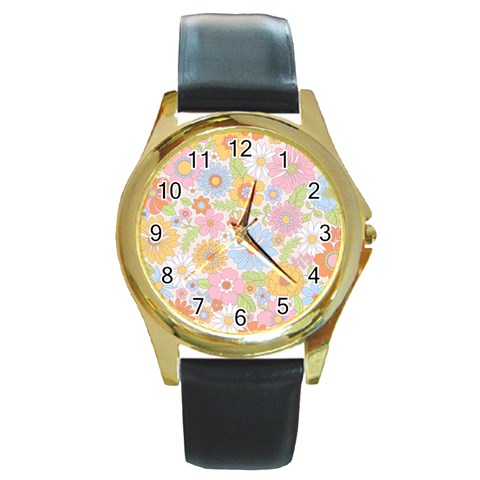 Pattern Background Vintage Floral Round Gold Metal Watch from ArtsNow.com Front