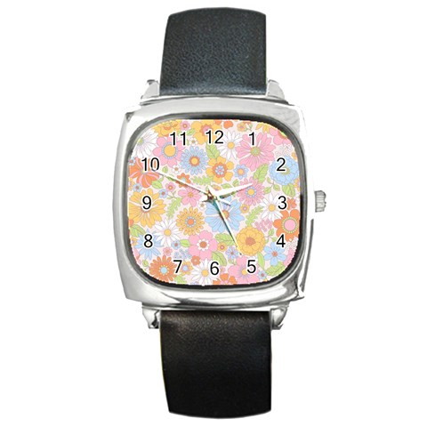 Pattern Background Vintage Floral Square Metal Watch from ArtsNow.com Front