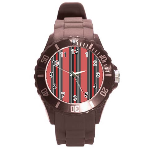 Dunkelrot4 Rosa Grau Streifen Dunkelrot3 Round Plastic Sport Watch (L) from ArtsNow.com Front