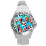 Watermelon Blue Background Round Plastic Sport Watch (L)