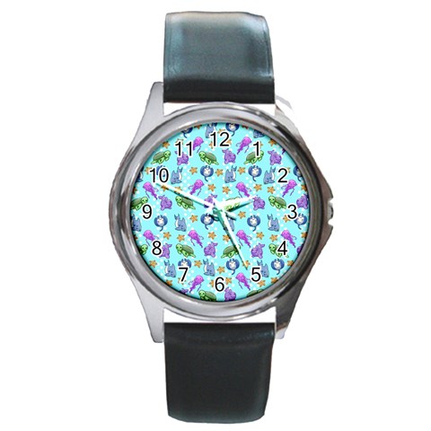 Sea Ocean Sealife Turtle Jellyfish Round Metal Watch from ArtsNow.com Front