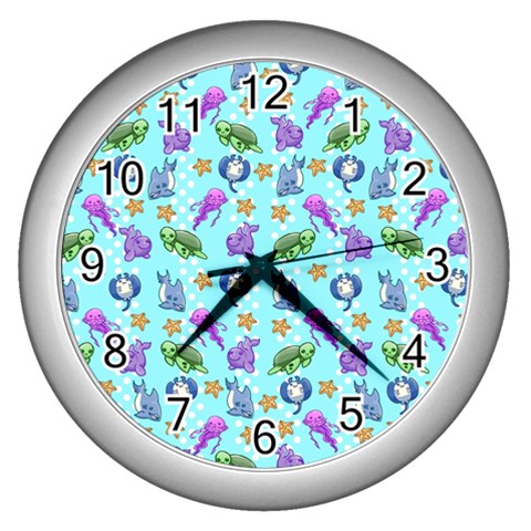 Sea Ocean Sealife Turtle Jellyfish Wall Clock (Silver) from ArtsNow.com Front