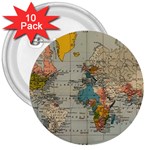 Vintage World Map 3  Buttons (10 pack) 