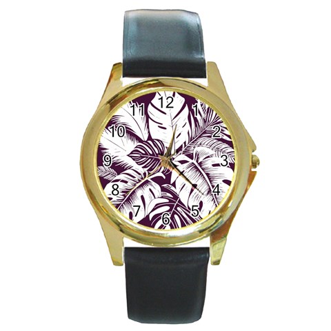 Abstract Art Tropical Leaves Round Gold Metal Watch from ArtsNow.com Front