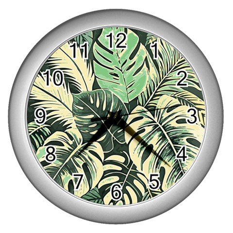 Abstract Art Tropical Leaves Wall Clock (Silver) from ArtsNow.com Front