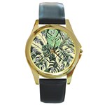 Abstract Art Tropical Leaves Round Gold Metal Watch