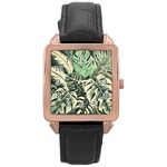 Abstract Art Tropical Leaves Rose Gold Leather Watch 