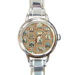 Retro Postage Seamless Pattern Round Italian Charm Watch