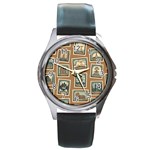 Retro Postage Seamless Pattern Round Metal Watch