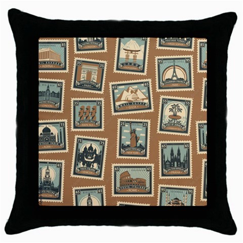 Retro Postage Seamless Pattern Throw Pillow Case (Black) from ArtsNow.com Front