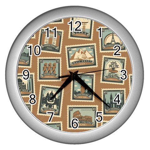 Retro Postage Seamless Pattern Wall Clock (Silver) from ArtsNow.com Front