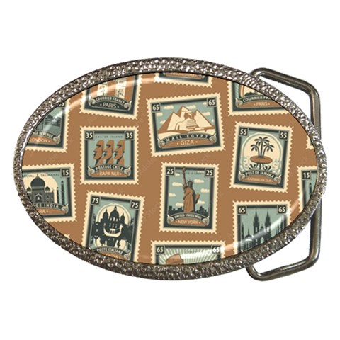 Retro Postage Seamless Pattern Belt Buckles from ArtsNow.com Front