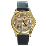 Retro Postage Seamless Pattern Round Gold Metal Watch