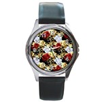 Roses Seamless Pattern Floral Round Metal Watch