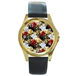 Roses Seamless Pattern Floral Round Gold Metal Watch