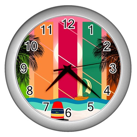 Digital Graphic Clip Art Beach Wall Clock (Silver) from ArtsNow.com Front