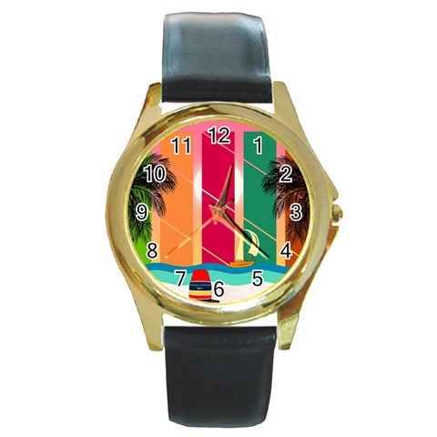 Digital Graphic Clip Art Beach Round Gold Metal Watch from ArtsNow.com Front