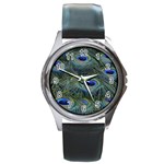 Peacock Feathers Details Round Metal Watch