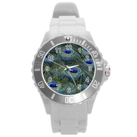 Peacock Feathers Details Round Plastic Sport Watch (L) from ArtsNow.com Front