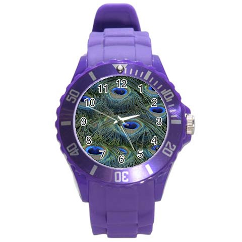 Peacock Feathers Details Round Plastic Sport Watch (L) from ArtsNow.com Front