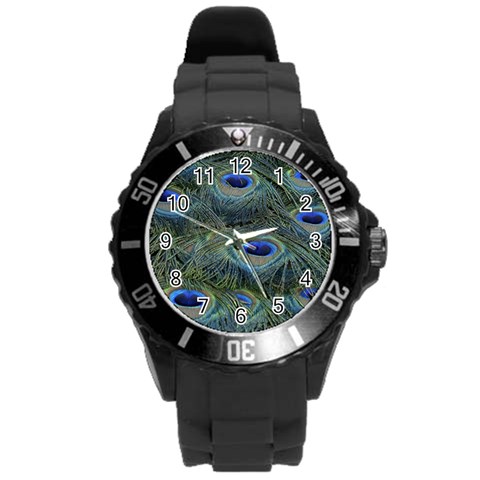 Peacock Feathers Details Round Plastic Sport Watch (L) from ArtsNow.com Front