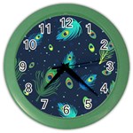 Texture Pattern Green Feather Yellow Peacock Color Wall Clock