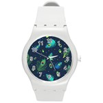 Texture Pattern Green Feather Yellow Peacock Round Plastic Sport Watch (M)