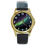 Aurora Borealis Beautiful Northern Lights Nature Round Gold Metal Watch