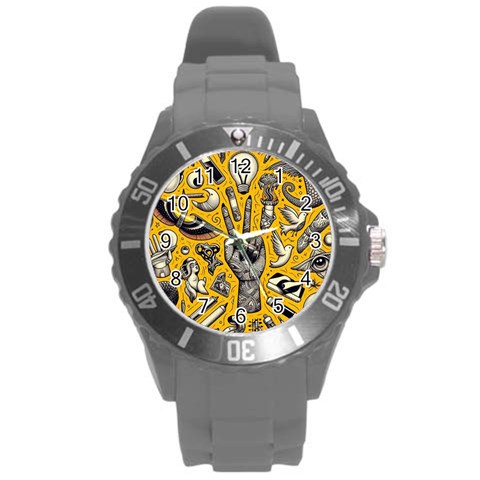 Yellow Template Design Round Plastic Sport Watch (L) from ArtsNow.com Front