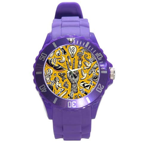 Yellow Template Design Round Plastic Sport Watch (L) from ArtsNow.com Front