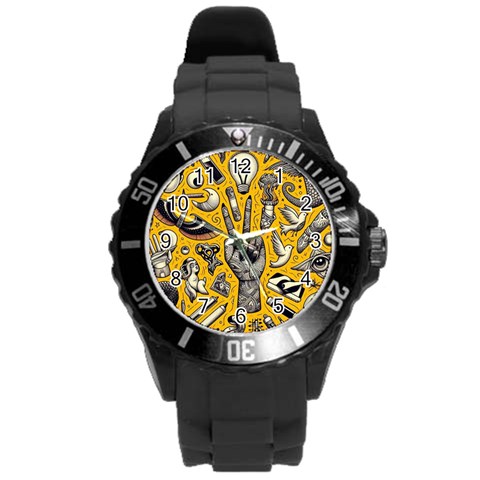 Yellow Template Design Round Plastic Sport Watch (L) from ArtsNow.com Front