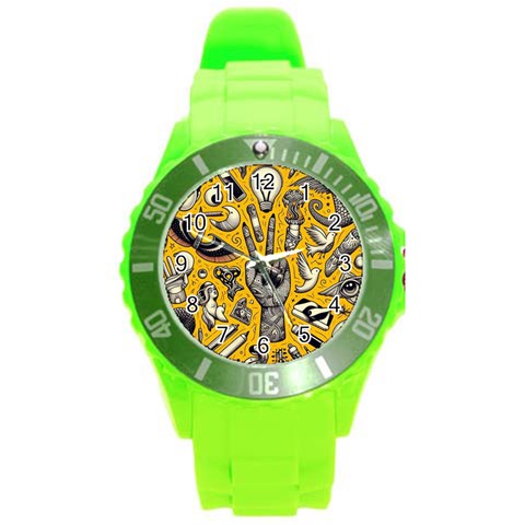 Yellow Template Design Round Plastic Sport Watch (L) from ArtsNow.com Front