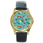 Summer Pattern Seamless Round Gold Metal Watch