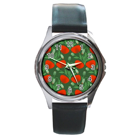 Poppy Fierce Wolf Poppies Bud Round Metal Watch from ArtsNow.com Front