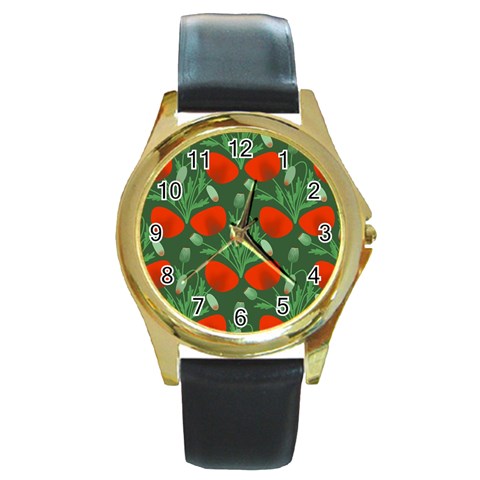 Poppy Fierce Wolf Poppies Bud Round Gold Metal Watch from ArtsNow.com Front