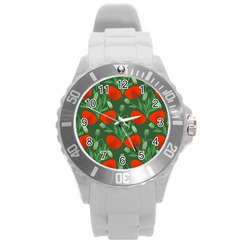 Poppy Fierce Wolf Poppies Bud Round Plastic Sport Watch (L) from ArtsNow.com Front