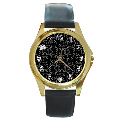 Enigmatic Demon Black and White Pattern Round Gold Metal Watch from ArtsNow.com Front