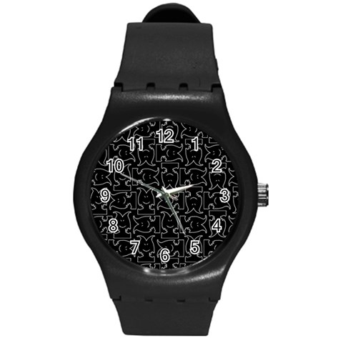 Enigmatic Demon Black and White Pattern Round Plastic Sport Watch (M) from ArtsNow.com Front